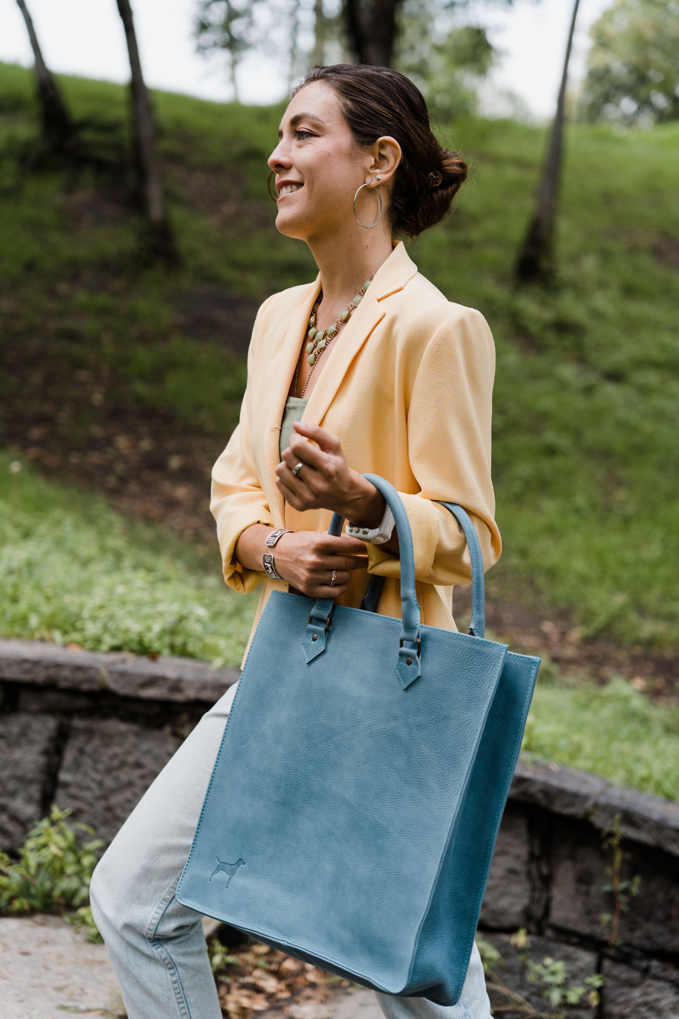  EB Light Grey Leather Tote Bag - Hand Stitched Full